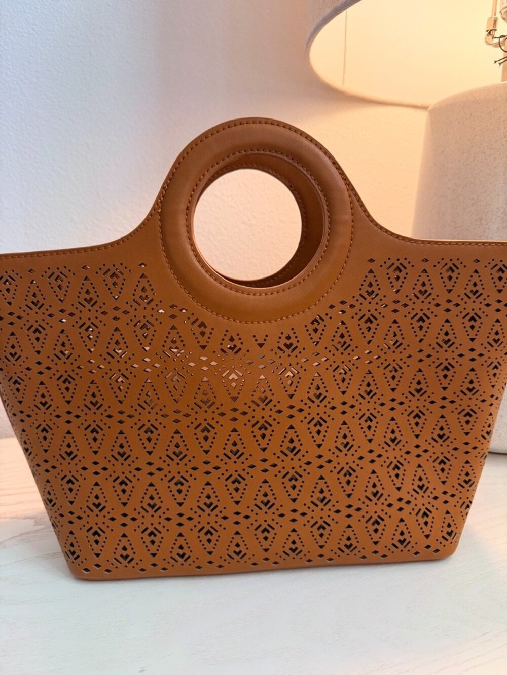 Free People Vegan Leather Laser Cut Cutout Tote Bag Tan Cognac